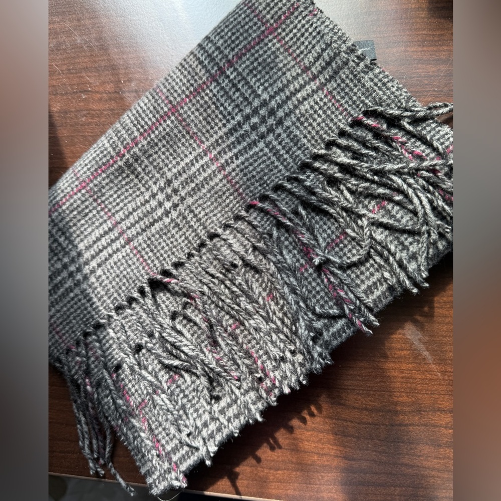Gray and Red Plaid Fringe Cashmere Scarf